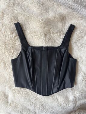 Mango Black Faux Leather Corset Tank Small